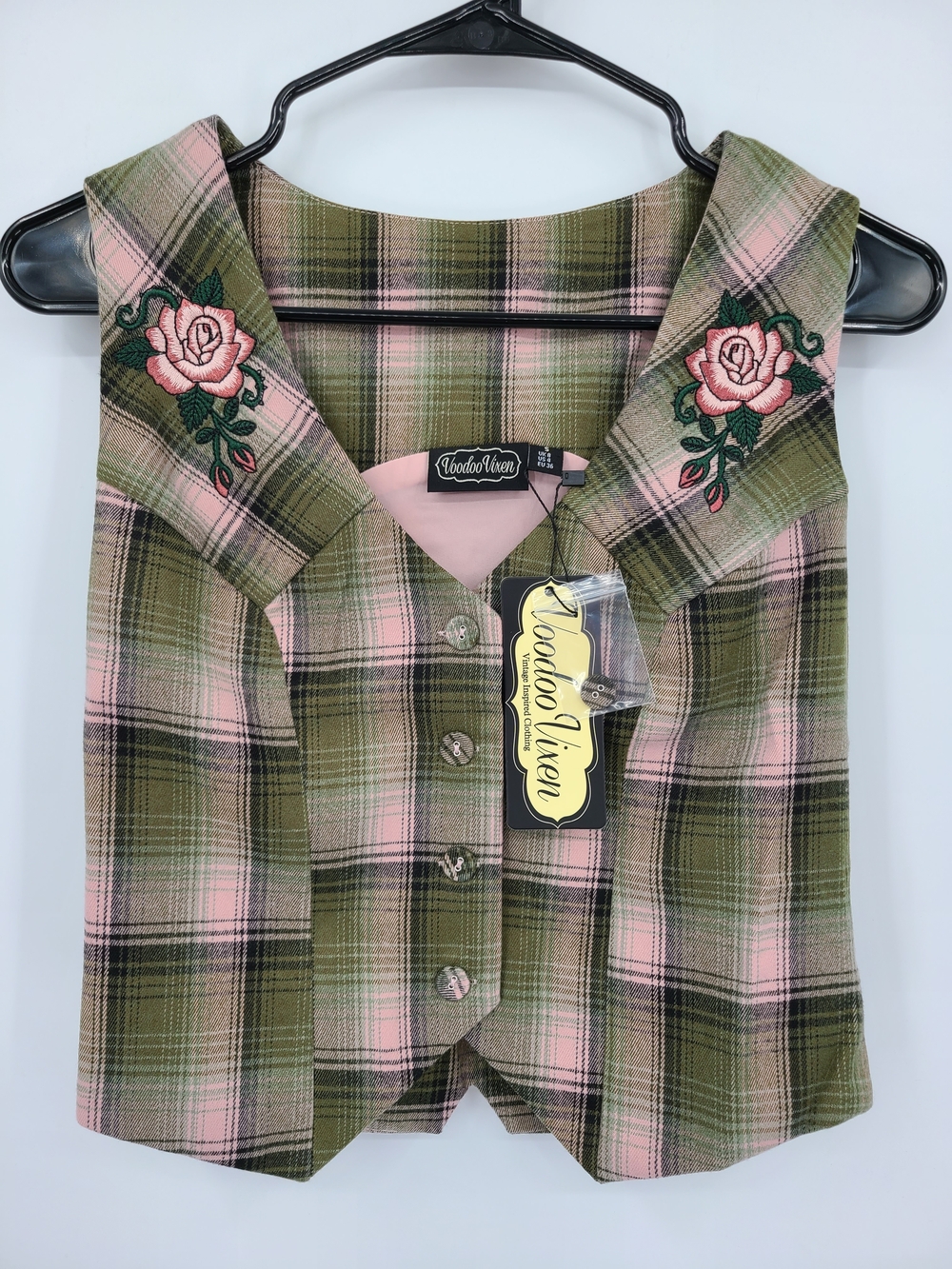 Voodoo Vixen Pink & Olive Plaid Embroidered Vest Size Small